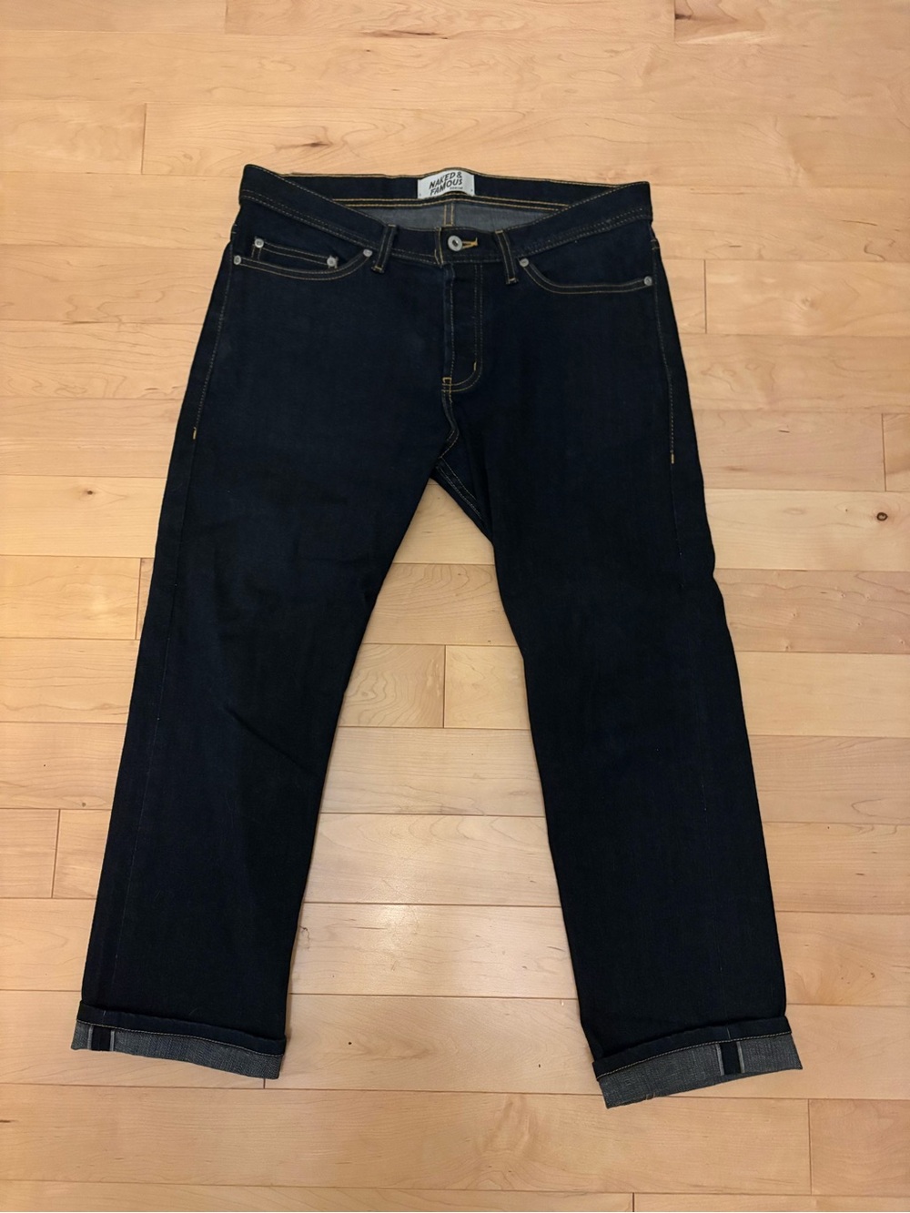 Naked & Famous Deep Indigo Stretch Selvedge Weird Guy Fit Tag:33 Actual:34x27